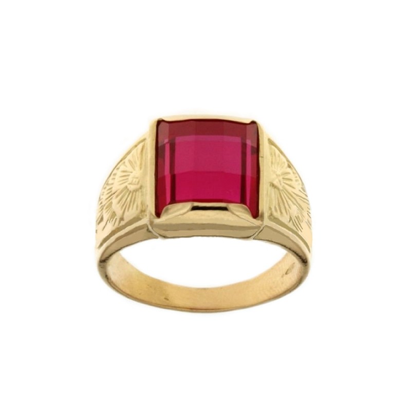 Yellow gold 18k 750/1000 red stone man ring